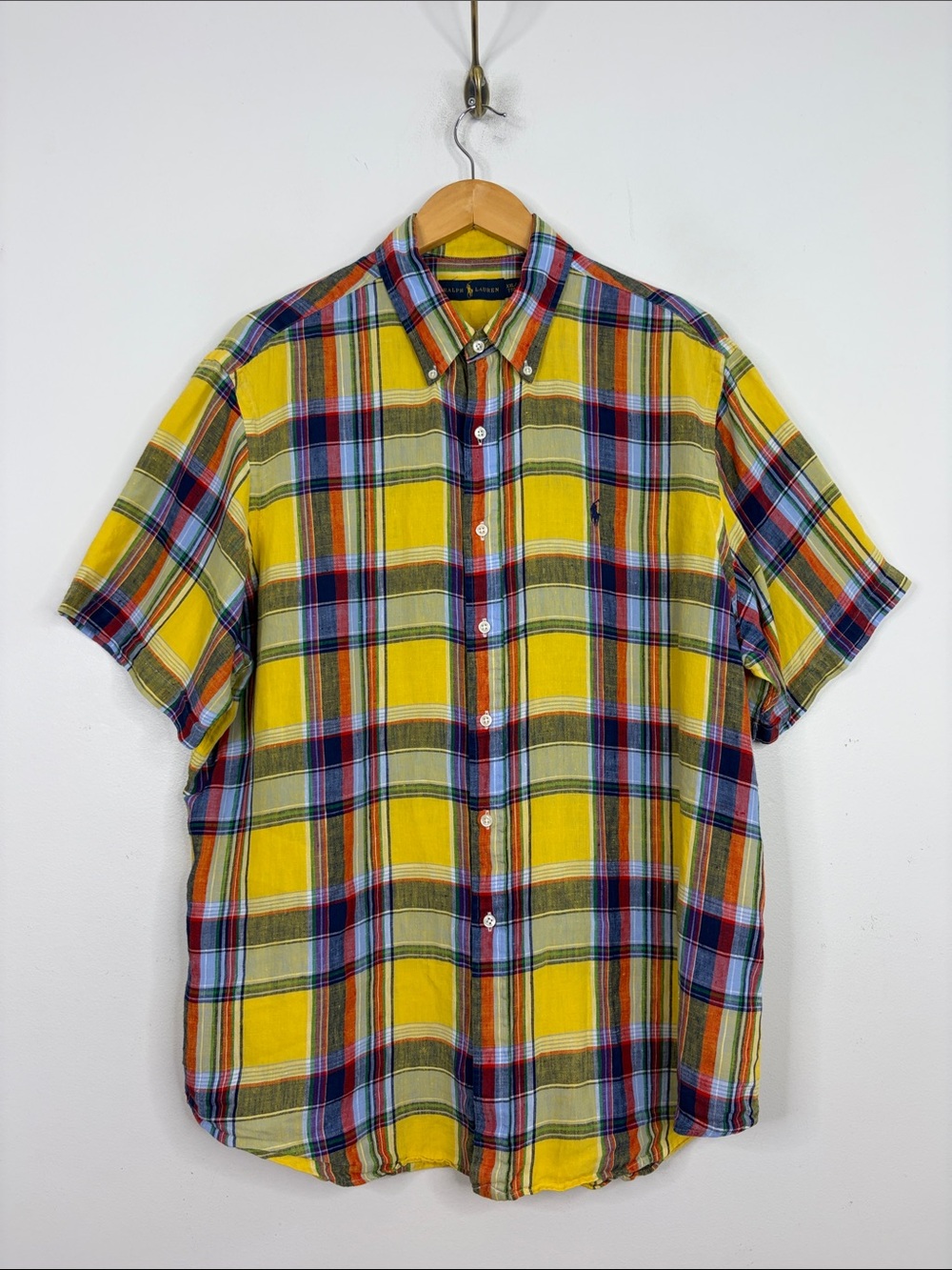 Ralph Lauren Shirt Mens XXL Short Sleeve Yellow Blue Plaid Linen Button Down
